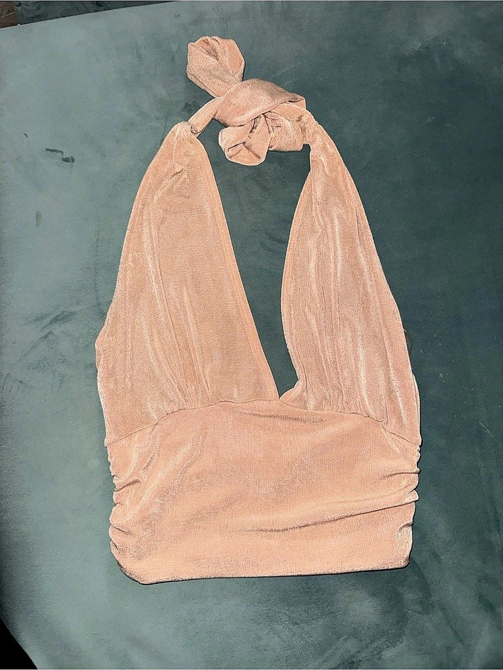 Caution to the Wind Champagne Metallic Plunge Halter Top — Size Small